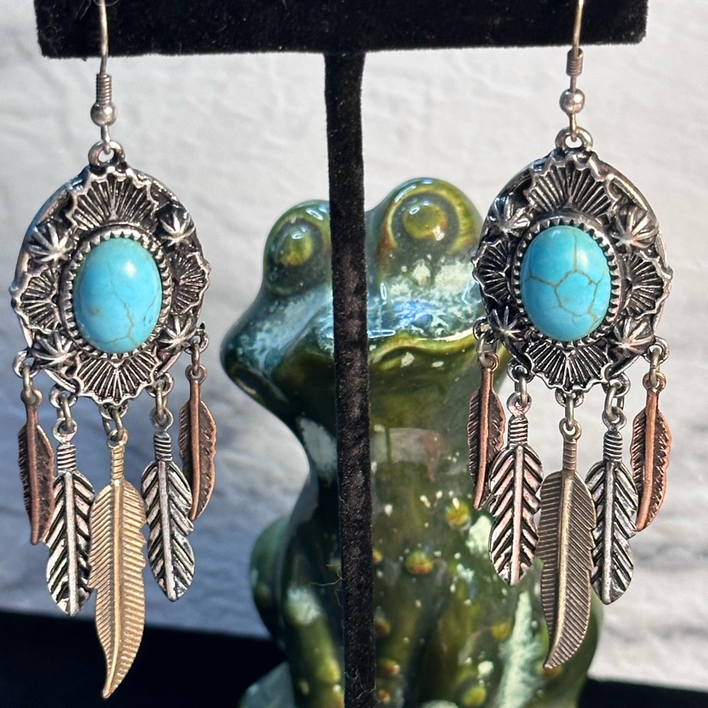 Faux turquoise dream catcher earrings shepherd’s hook